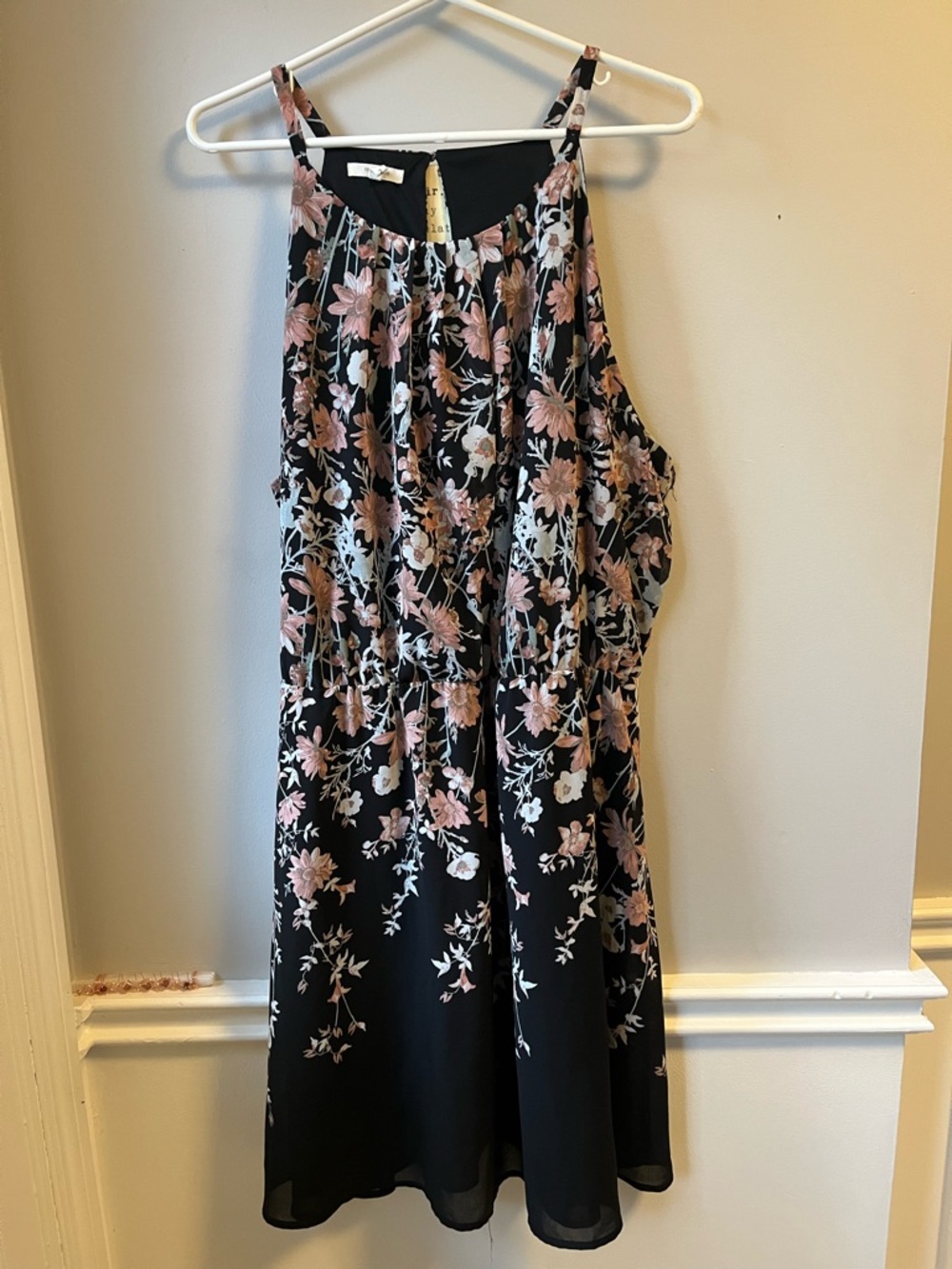 Black Floral Halter Dress with Pink and Cream Flowers